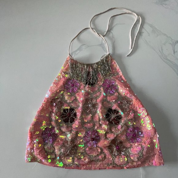 Topshop Pink Sequin Halter Tie Neck Crop Top - Picture 6 of 9